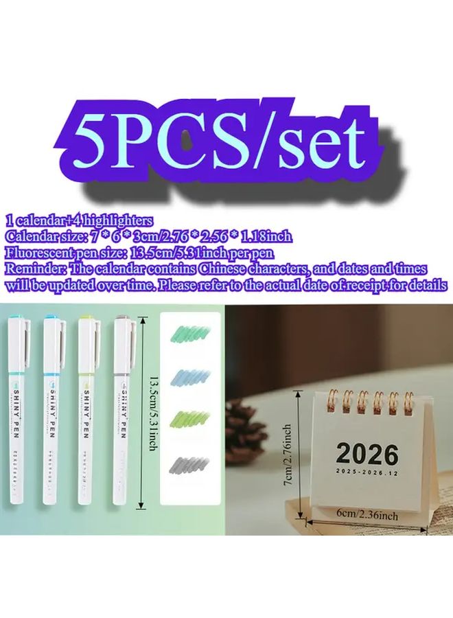Beige 5pcs Set 2026 Mini Desk Calendar with 4 Color Pens Planner Office Stationery - Image 4